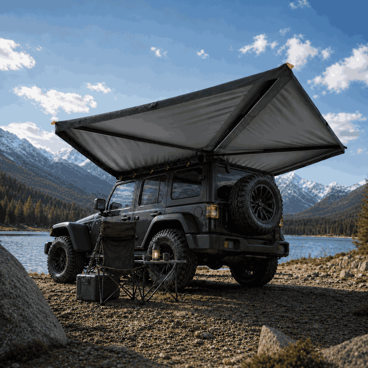 VICKYWOOD BRANCH RUGGED 270 Grad Hardcover Seitenmarkise geöffnet an einem Offroad-Fahrzeug im Outdoor-Basecamp